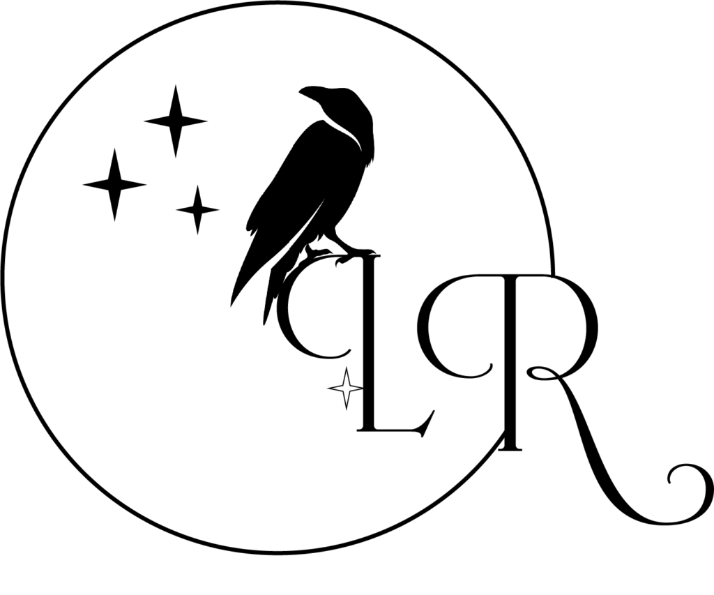 black and white logo variation for Lori Ravenford. A raven sits on the letter L of the LR initials. A circle surrounds most of the initials and the raven. Three stars are next to the raven.
