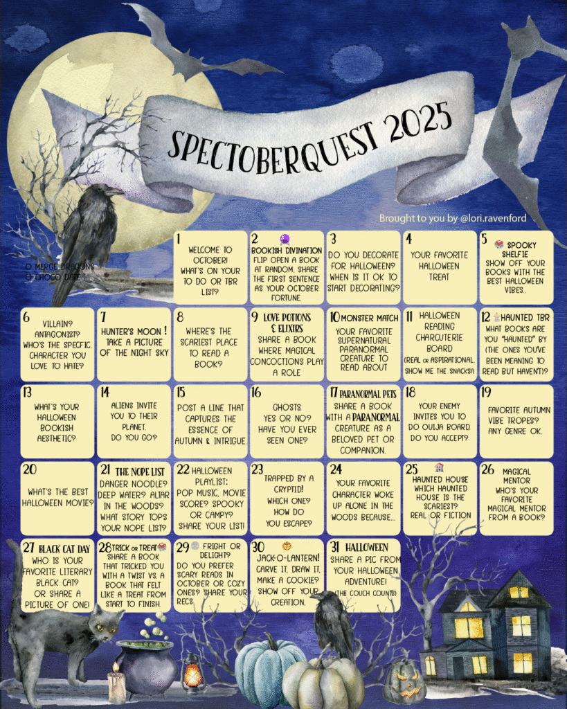 Spectoberquest 2025 calendar featuring 31 daily October creative prompts inspired by Halloween and speculative fiction. Design includes a blue background with spooky elements like a haunted house, black cat, crow, and glowing full moon.