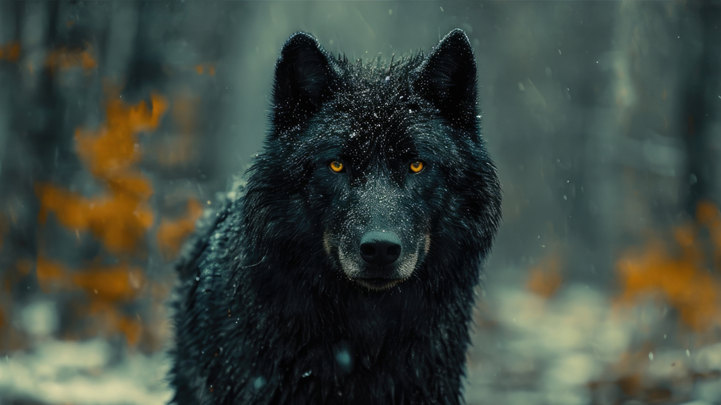 Close-up of a black wolf with yellow eyes in a winter forest, with out-of-focus yellow leaves behind it.