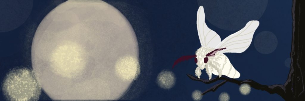 An illustration of a fluffy white silk moth sitting on a tree at night with full moon in the background. small dots emitted from the body, the moon in the background. Dark blue background.