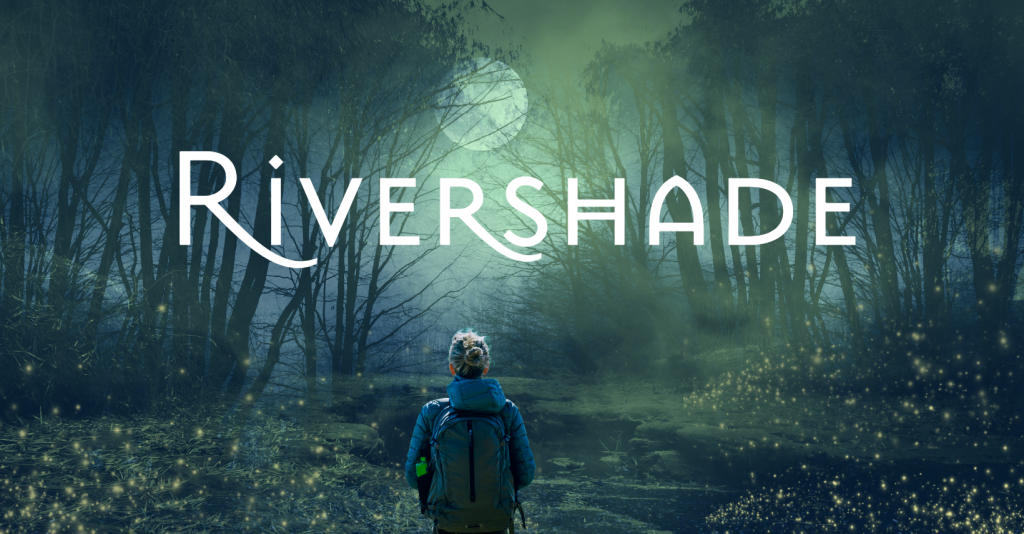 Rivershade banner: Scene: mysterious full moon in a forest and small creek or river. A woman with knapsack stands facing the moon in front of a river. She's facing away from the viewer.